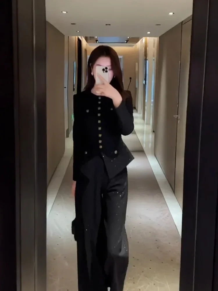 Autumn Women Clothing High End Temperament Black Slim Long Sleeve Top Wide Leg Pants Korean Fashion Two Piece Sets Women Outfits