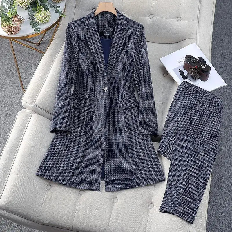 Autumn Winter Women Formal Office Lady Business Two Pieces Set Slim Plaid Blazer Long Coat And High Waist Ankle-length Pant Suit
