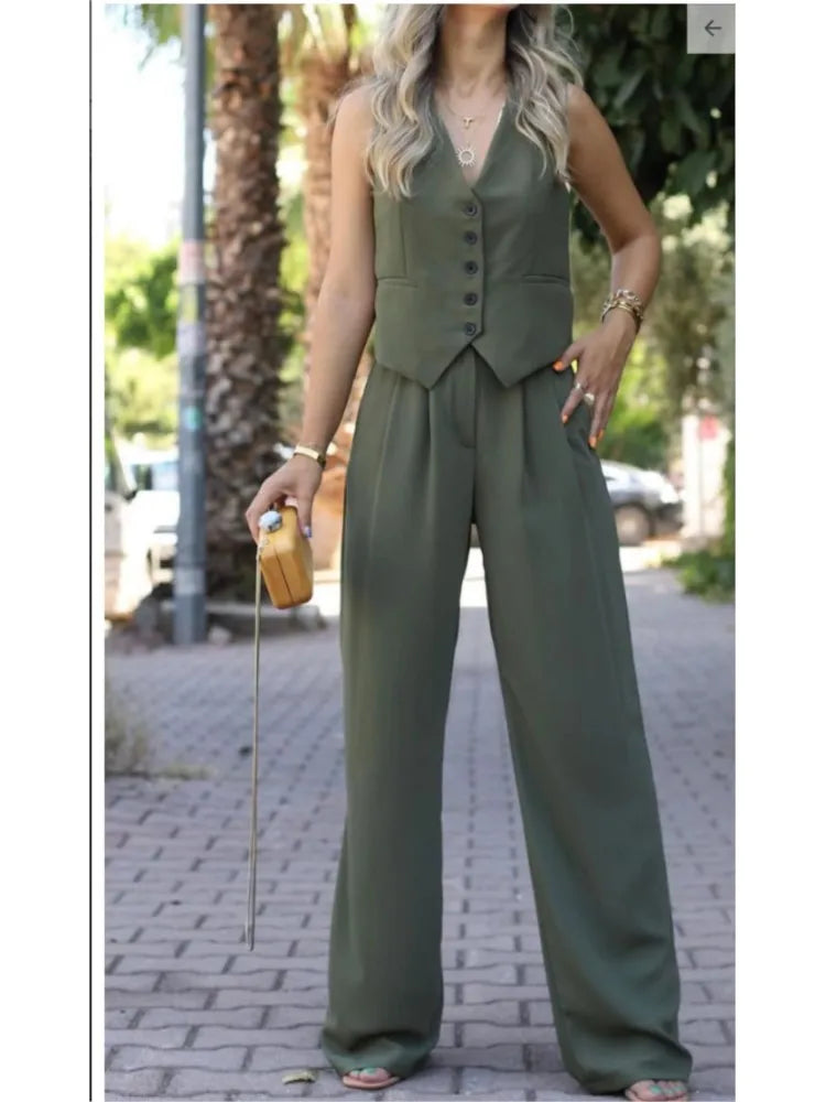 Casual Sleeveless Suit Set Office Lady Spring Summer Elegant Slim V-neck Blazer Tops Pants Two Piece Set Women Outfit 2025