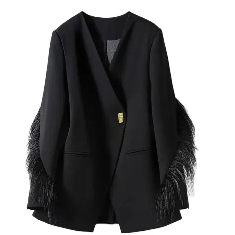 Luxury Spring Autumn Jacket Suit Coats Women Design Blazers Single Button Feather Outerwear Black Blazer Office Ladies Trend New