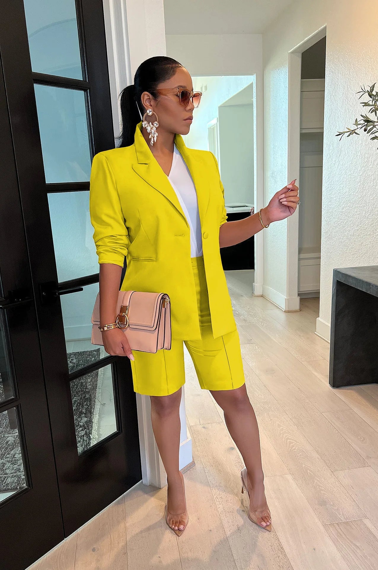 Office Lady Elegant Business Suits Solid Casual Two Piece Set For Women Matching Sets Outfits Long Sleeve Blazer Coat And Shorts