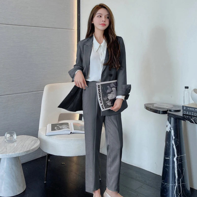 Fashion Spring Autumn Formal 2 Piece Outfit Suits Women Ladies Clothes Commute Casual Solid Tops Coat Blazer Suit Long Pants Set