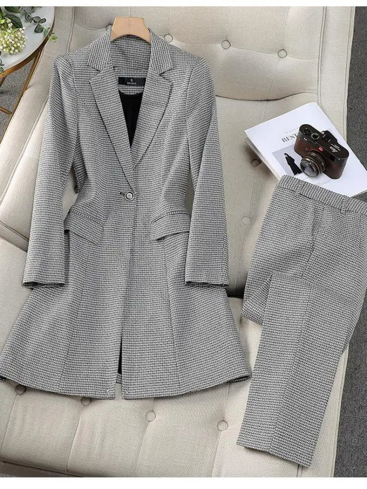 Autumn Winter Women Formal Office Lady Business Two Pieces Set Slim Plaid Blazer Long Coat And High Waist Ankle-length Pant Suit