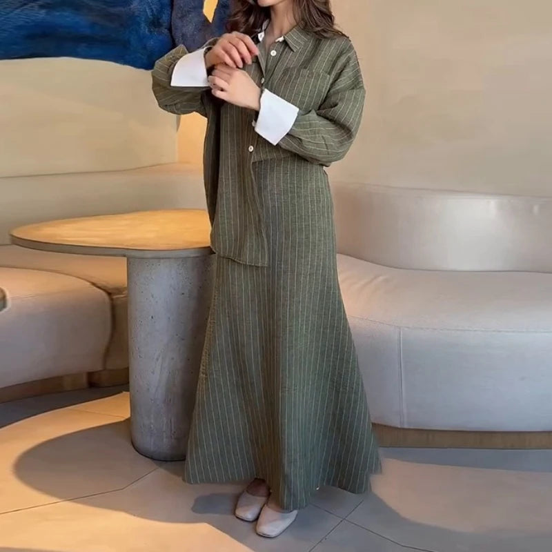 Fashion New Autumn Winter Office Lady Women's Single Breasted Long Sleeved Shirt with Hip Wrapping Striped Long Skirt Set