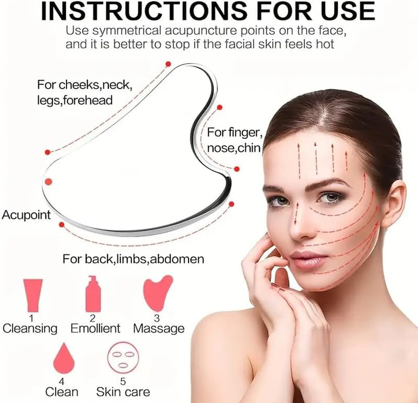 Stainless Steel Gua Sha Facial Tools Set, Metal Guasha Tool for Face and Body Massage(Scraping Board+Leather Cover)