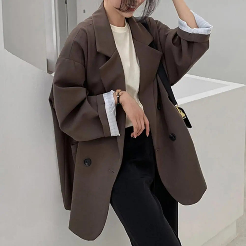 Notched Collar Business Suit Coat Korean Long Sleeves Pockets Double breasted Oversized Women Jackets Suit Coat
