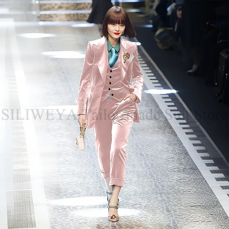 Luxury Green Velvet Winter Clothes for Women 3 Pieces Jacket Pants Vest Female Suits Formal Office Banquet Lady's Blazers Sets