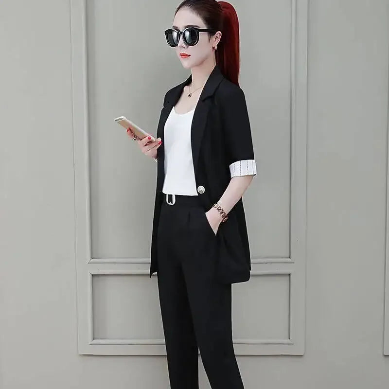 Professional Splicing Outfit Baggy Trouser Suit Green Wear To Work Office Black Womens 2 Pant Sets Blazer and Xxl with Sleeve D