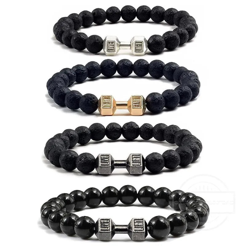 High Quality Men's Beaded Bracelet Natural Black Matte Agate Dumbbell Charm Bracelet Energy Fitness Barbell Fashion Jewelry
