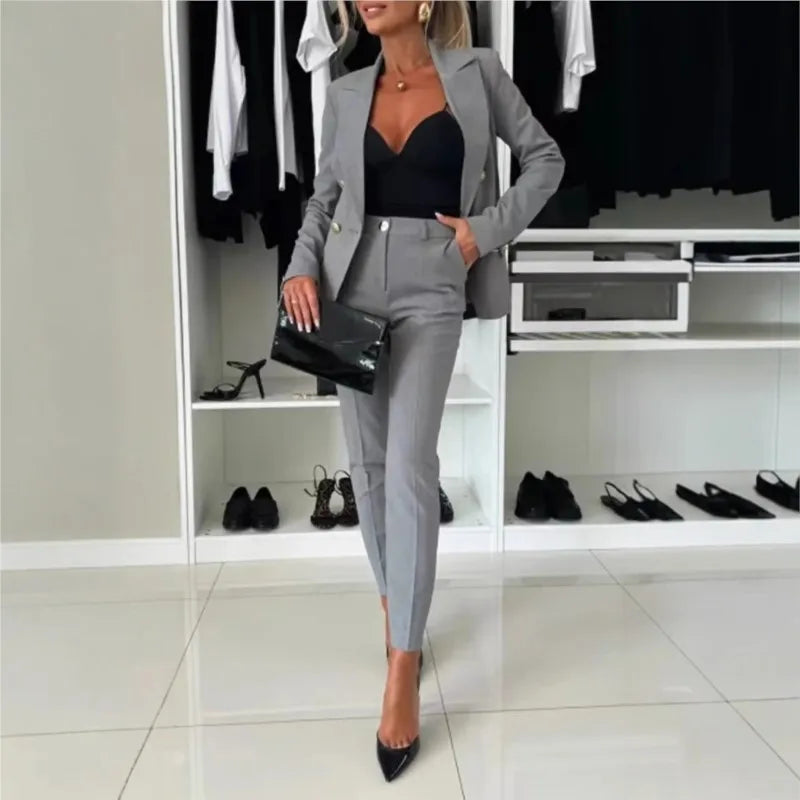 Office 2 Piece Sets Woman Spring Fall Fashion V-neck Long Sleeve Blazer Coat Elegant Trousers Set Slim Temperament Suit Outfit
