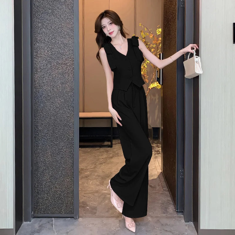 Insozkdg Belt Decorative Sleeveless Bow Tie Tie Vest Casual Wide Leg Pants Two Piece Elegant Women Pant Suit Office Outfits Sets