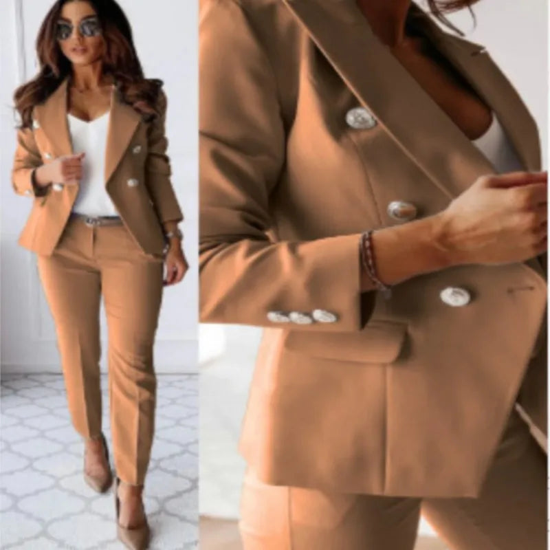 Office 2 Piece Sets Woman Spring Fall Fashion V-neck Long Sleeve Blazer Coat Elegant Trousers Set Slim Temperament Suit Outfit