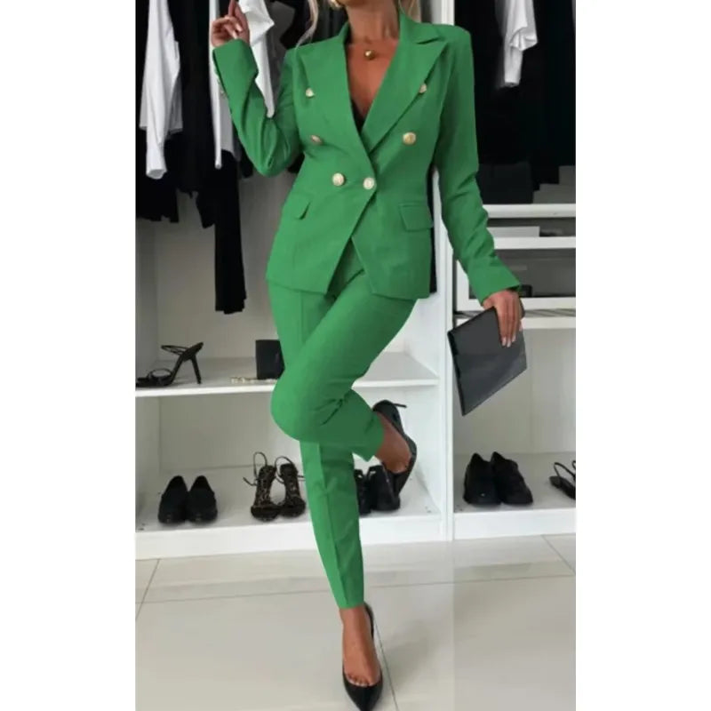 Office 2 Piece Sets Woman Spring Fall Fashion V-neck Long Sleeve Blazer Coat Elegant Trousers Set Slim Temperament Suit Outfit