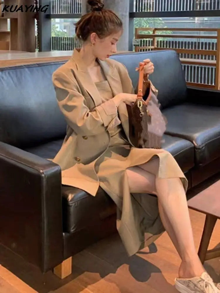 Korean Two Piece Women Sets Blazer Dress Suits Split Straps Bodycon Dresses Female Elegant Jacket Coat Autumn Female Outfits New