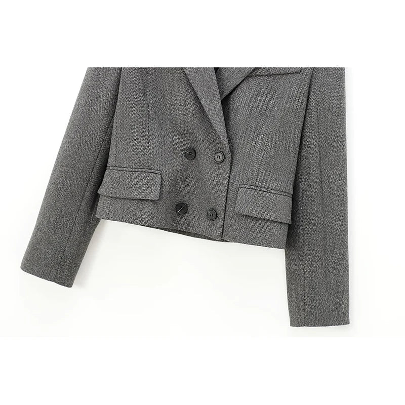 YENKYE Autumn Women Gray Double Breasted Crop Blazer Long Sleeve Lapel Collar Office Lady Elegant Suit Coat High Street Outfits
