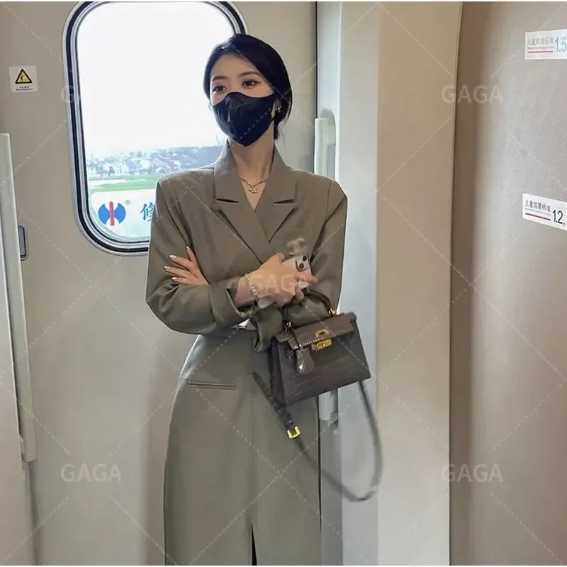 Insozkdg Gray-green Short Blazer Jacket + Split Skirt Sets Autumn New Korean Fashion Suit Two Piece Women Outfits Female Clothes