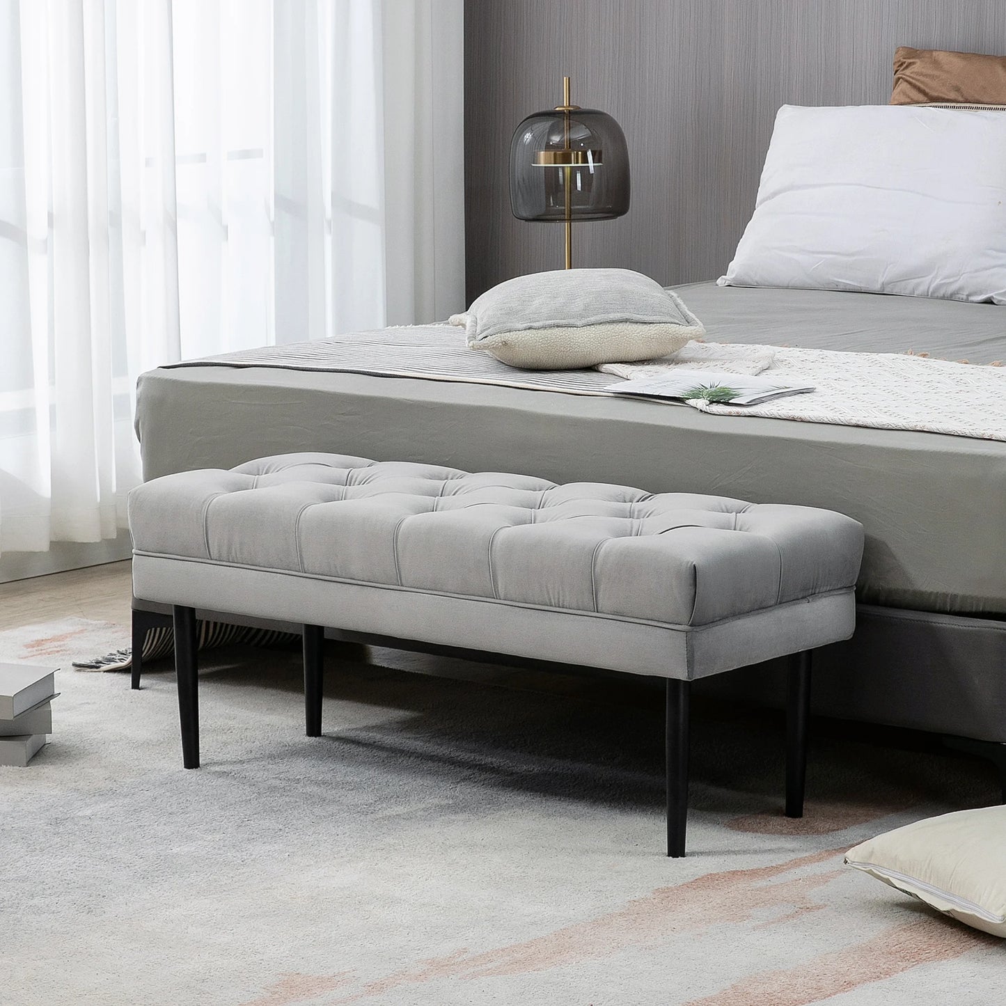 HOMCOM Bed End Bench Button Tufted Upholstered Window Seat for Living Room Grey