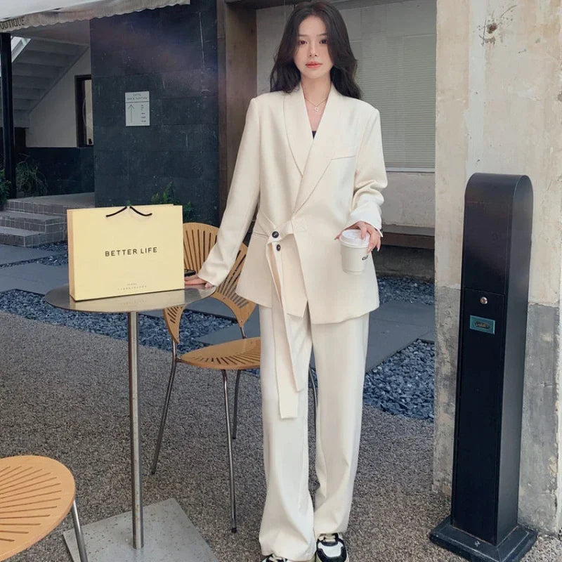 Insozkdg Vintage Two Piece Sets Lapel Loose Lace-up Blazers Tops + Wide Leg Pants Set 2024 Autumn Female Outfits Suit Set Women