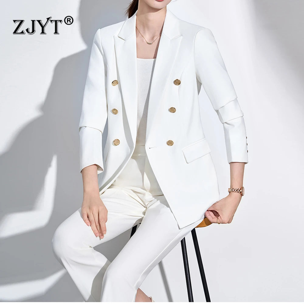 ZJYT Elegant Business Chic Blazer Suit Trousers 2 Piece Sets Woman 2025 Fall Double Breasted Jacket and Pants Sets White Outfits