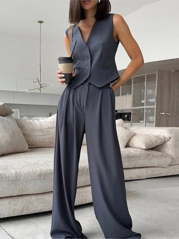 Casual Sleeveless Suit Set Office Lady Spring Summer Elegant Slim V-neck Blazer Tops Pants Two Piece Set Women Outfit 2025