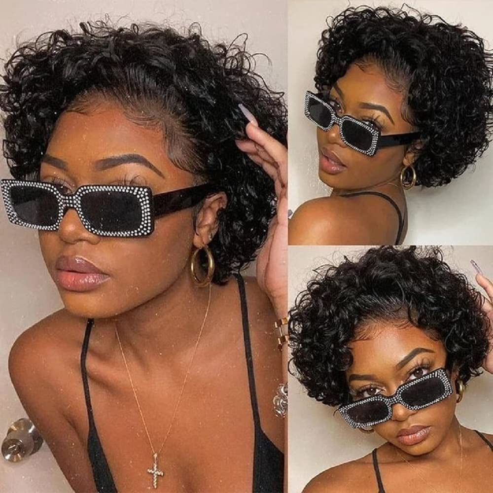 Brazilian Virgin Hair Short Bob Curly Wave Human Hair Lace Front Wigs with Baby Hair Full Lace Wigs Natural Color for Black Women 10Inch 130% Density Lace Front Wig