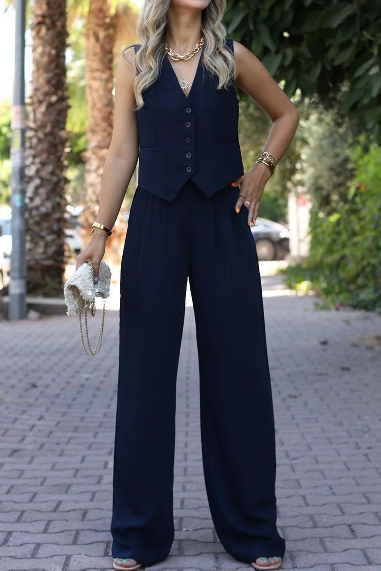 Casual Sleeveless Suit Set Office Lady Spring Summer Elegant Slim V-neck Blazer Tops Pants Two Piece Set Women Outfit 2025