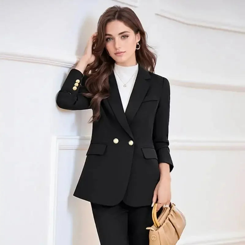 Pop Autumn Elegant Formal Business Blazer Suit Pant Sets For Women 2 Pieces Long Sleeve Jacket Trousers Sets Plus Size Outfit
