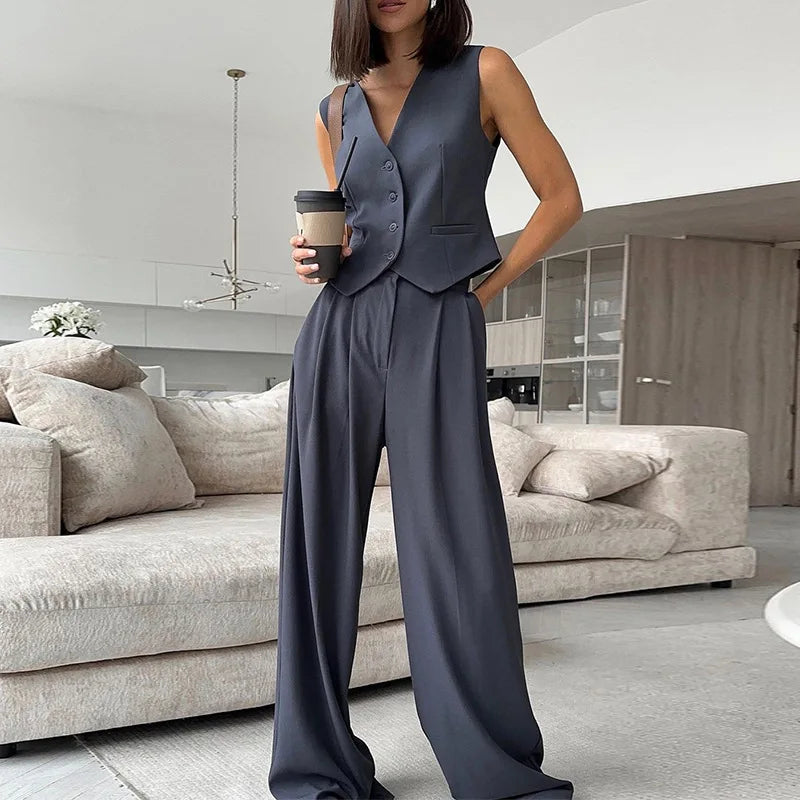 Casual Sleeveless Suit Set Office Lady Spring Summer Elegant Slim V-neck Blazer Tops Pants Two Piece Set Women Outfit 2025