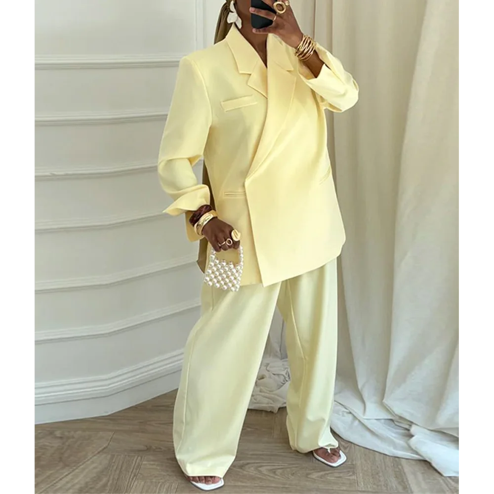 Casual Women's Suit Incline Single Button Notch Lapel Classic Fashion Outfit Jacket Pants Office Work Daily Party Suit Set