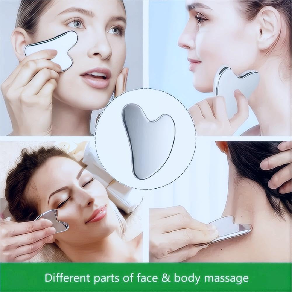 Stainless Steel Gua Sha Facial Tools Set, Metal Guasha Tool for Face and Body Massage(Scraping Board+Leather Cover)