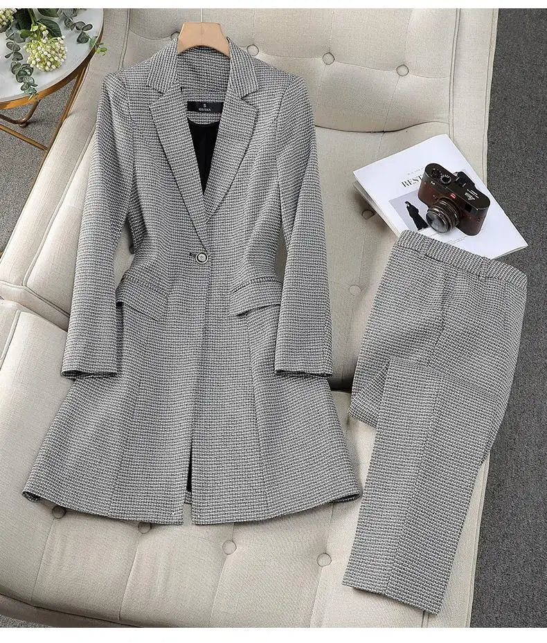 Autumn Winter Women Formal Office Lady Business Two Pieces Set Slim Plaid Blazer Long Coat And High Waist Ankle-length Pant Suit