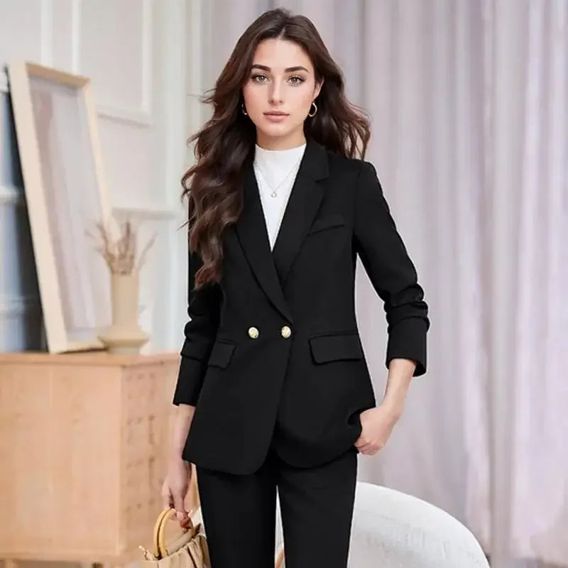 Pop Autumn Elegant Formal Business Blazer Suit Pant Sets For Women 2 Pieces Long Sleeve Jacket Trousers Sets Plus Size Outfit
