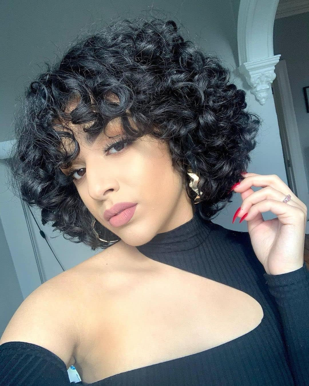Brazilian Virgin Hair Short Bob Curly Wave Human Hair Lace Front Wigs with Baby Hair Full Lace Wigs Natural Color for Black Women 10Inch 130% Density Lace Front Wig