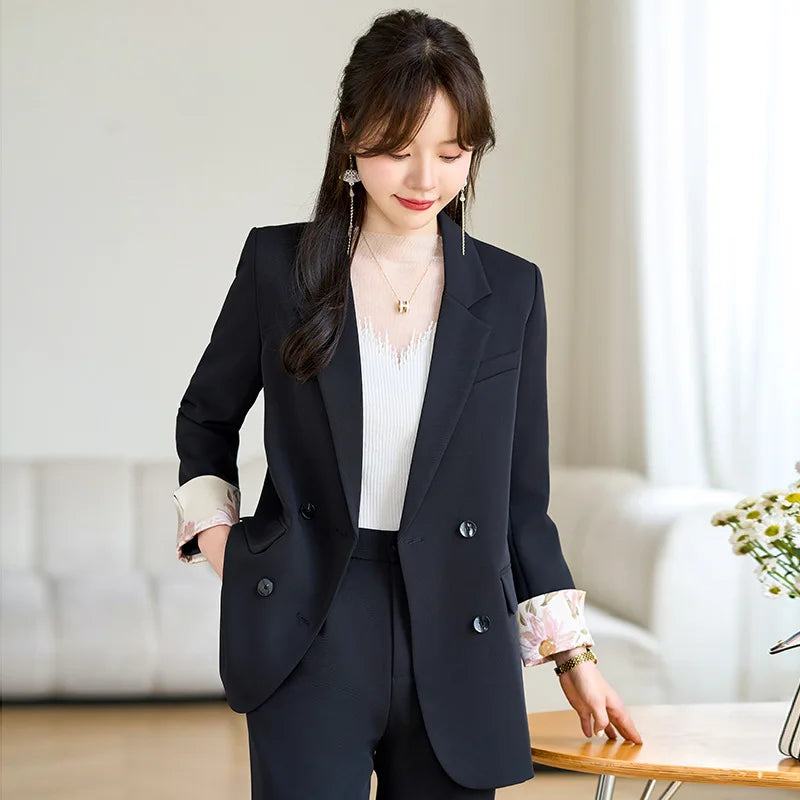 Fashion Elegant Solid Women Blazer Pantsuit Casual Vintage Chic Suit Jackets Wide Leg Pants 2 Pieces Set Female Outfits