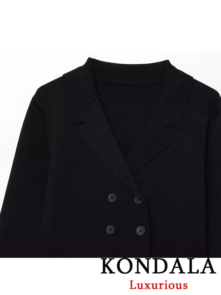KONDALA Vintage Office Lady Black Solid Suit Notched Double Breasted Blazer Long Straight Skirt Fashion 2025 Autumn Female Sets