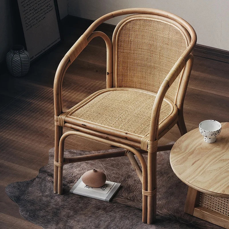 Indonesian Natural Rattan Armchair Home Furniture For Elderly Woven Backrest Chair With Single Sofa For Balcony Leisure