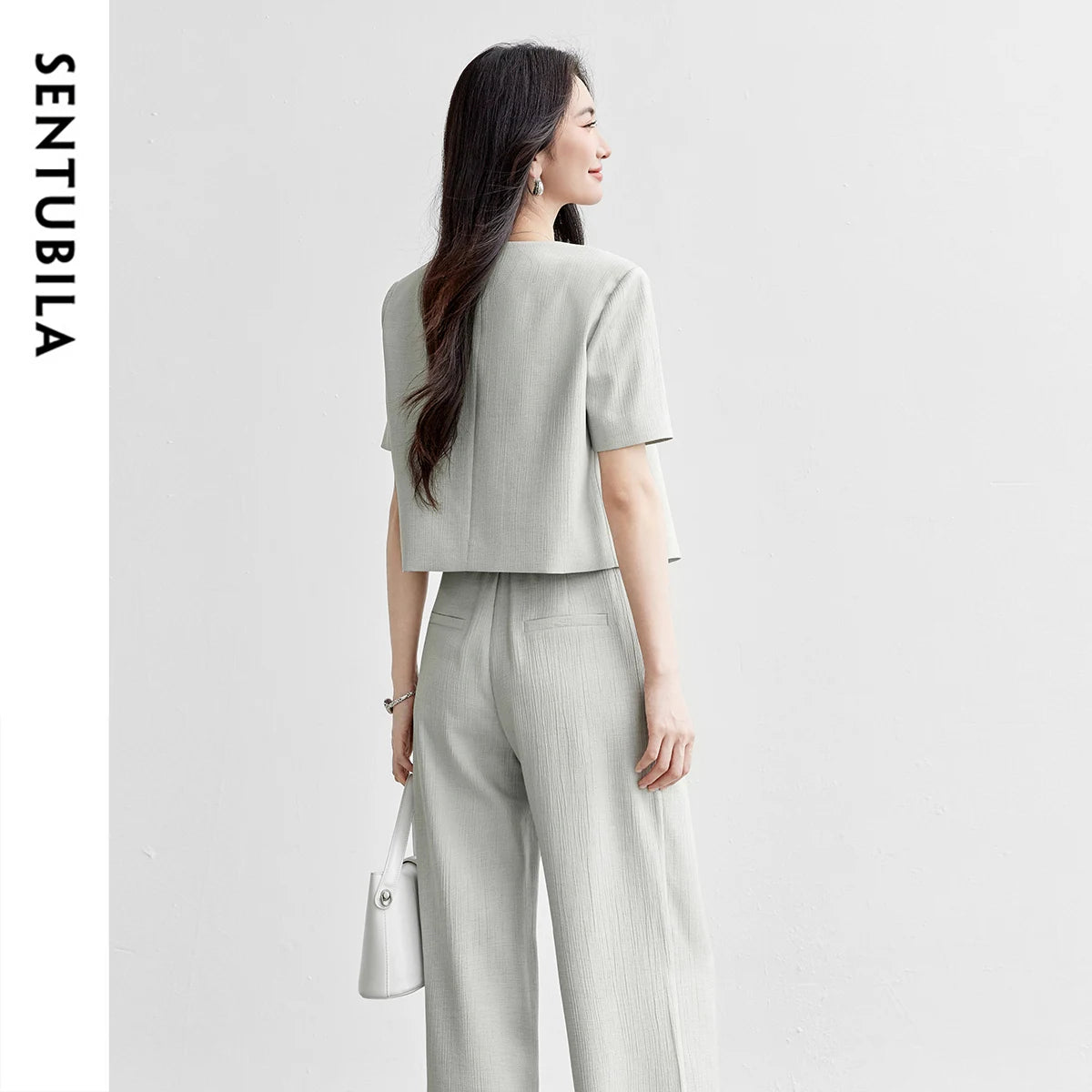 SENTUBILA 2025 Pant Sets 2 Pieces Set For Woman Pearl Metal Buckle Women's Summer Suit Wrinkle-Resistant Blazer Outfit 152ZA0061