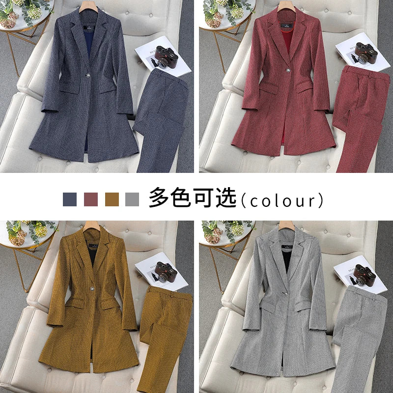 Autumn Winter Women Formal Office Lady Business Two Pieces Set Slim Plaid Blazer Long Coat And High Waist Ankle-length Pant Suit