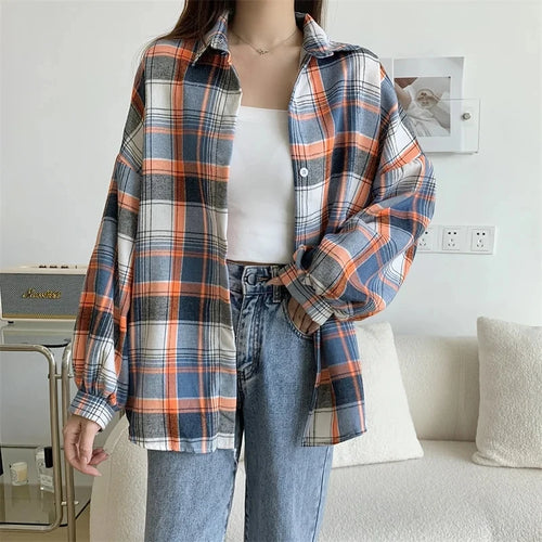Plaid Shirt Women Autumn Long Sleeve Top Female Vintage Fashion Single