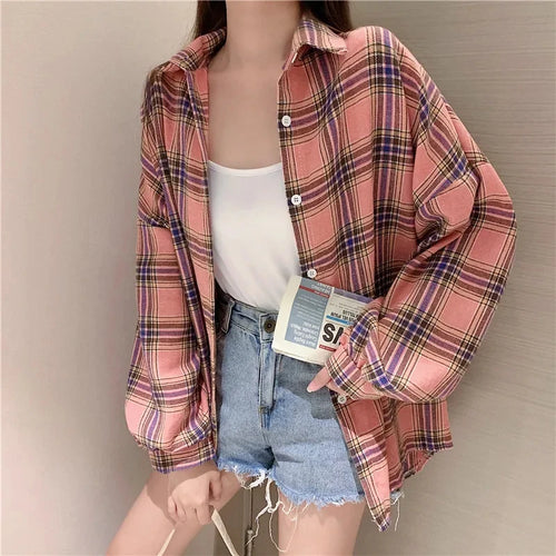 Plaid Shirt Women Autumn Long Sleeve Top Female Vintage Fashion Single