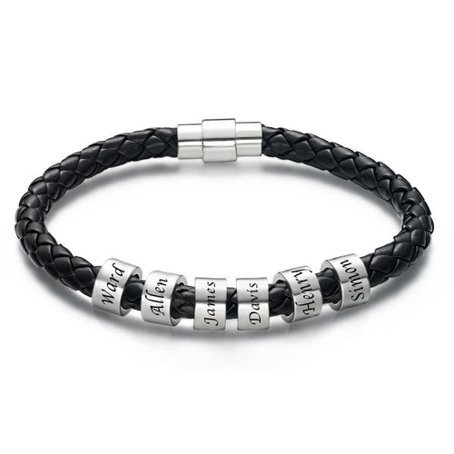 Men's Leather Bracelet Custom Engraved Bracelet Black Leather Beads