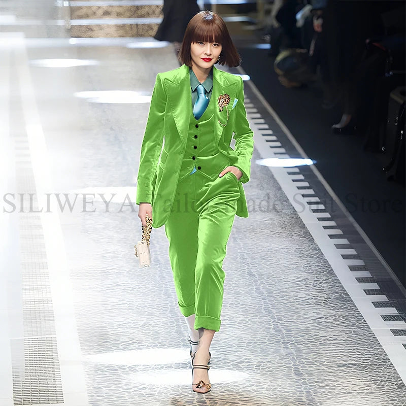 Luxury Green Velvet Winter Clothes for Women 3 Pieces Jacket Pants Vest Female Suits Formal Office Banquet Lady's Blazers Sets