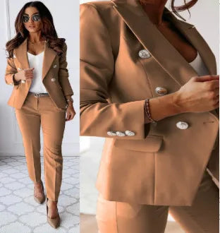 Office 2 Piece Sets Woman Spring Fall Fashion V-neck Long Sleeve Blazer Coat Elegant Trousers Set Slim Temperament Suit Outfit