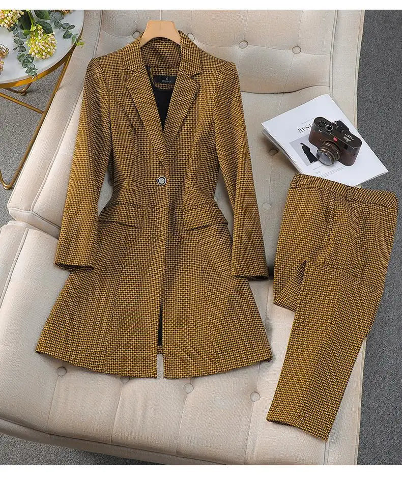 Autumn Winter Women Formal Office Lady Business Two Pieces Set Slim Plaid Blazer Long Coat And High Waist Ankle-length Pant Suit