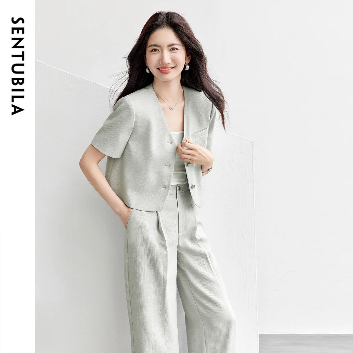 SENTUBILA 2025 Pant Sets 2 Pieces Set For Woman Pearl Metal Buckle Women's Summer Suit Wrinkle-Resistant Blazer Outfit 152ZA0061