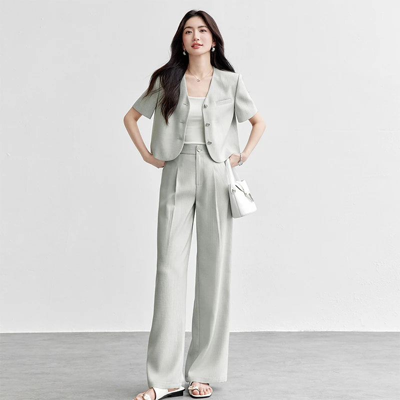 SENTUBILA 2025 Pant Sets 2 Pieces Set For Woman Pearl Metal Buckle Women's Summer Suit Wrinkle-Resistant Blazer Outfit 152ZA0061