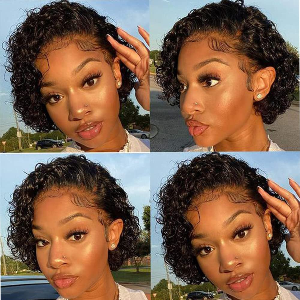 Brazilian Virgin Hair Short Bob Curly Wave Human Hair Lace Front Wigs with Baby Hair Full Lace Wigs Natural Color for Black Women 10Inch 130% Density Lace Front Wig