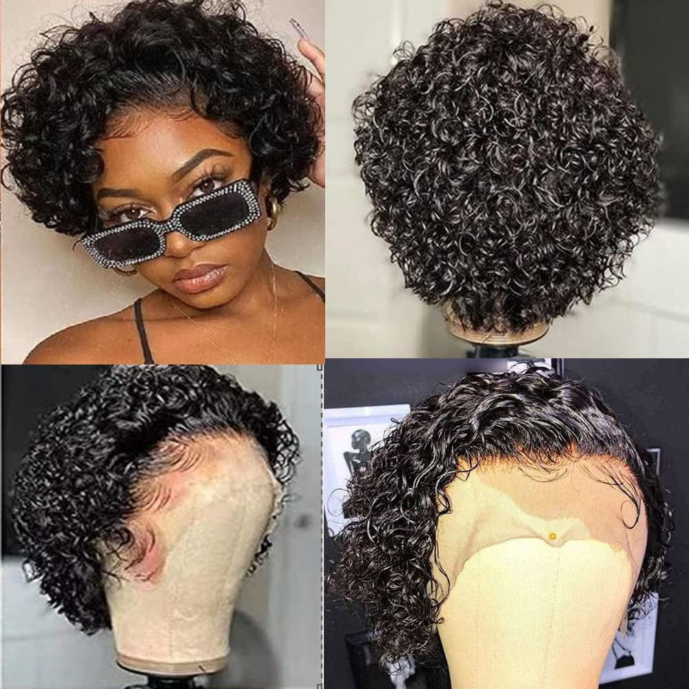Brazilian Virgin Hair Short Bob Curly Wave Human Hair Lace Front Wigs with Baby Hair Full Lace Wigs Natural Color for Black Women 10Inch 130% Density Lace Front Wig