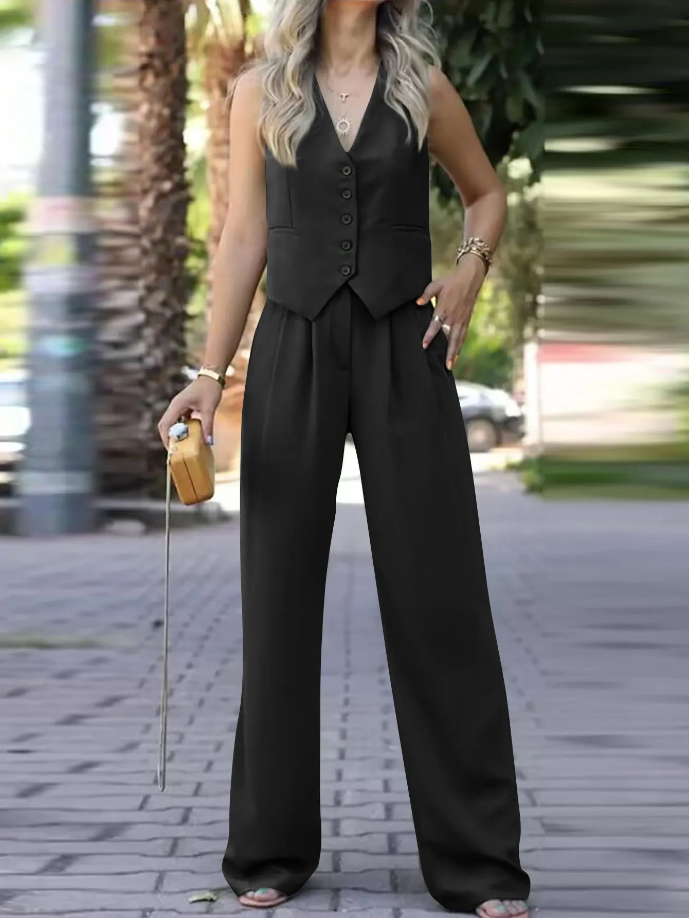 Casual Sleeveless Suit Set Office Lady Spring Summer Elegant Slim V-neck Blazer Tops Pants Two Piece Set Women Outfit 2025