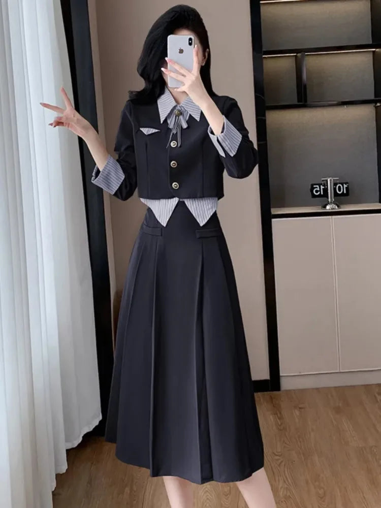 Insozkdg Autumn Winter New Blazer Skirt 2-Piece Set Women High-End Academy Style Korean Outfit Sets Female Office Lady Clothing